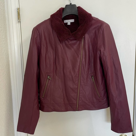 New York & Co XL faux leather moto jacket shearling collar burgundy wine red - Picture 2 of 6
